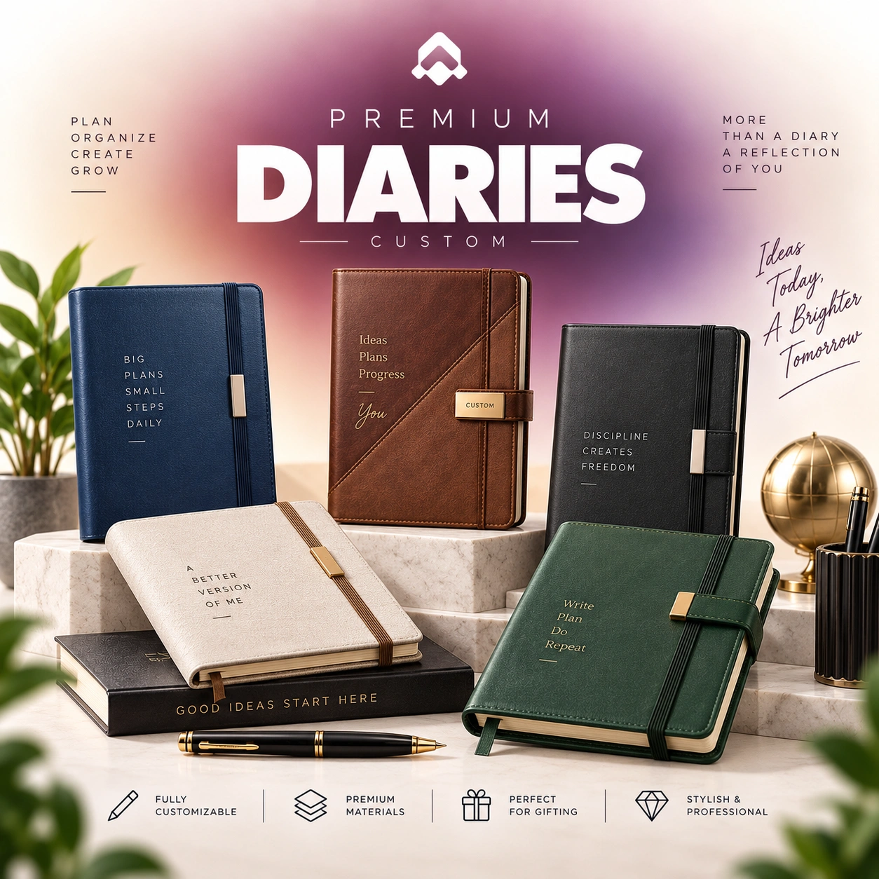 Open premium diary showing a considered lay-flat page design