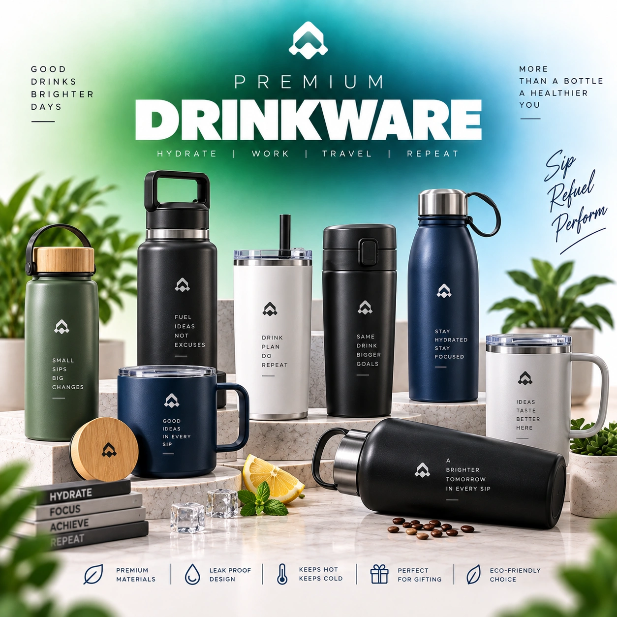Custom branded bottles and corporate drinkware