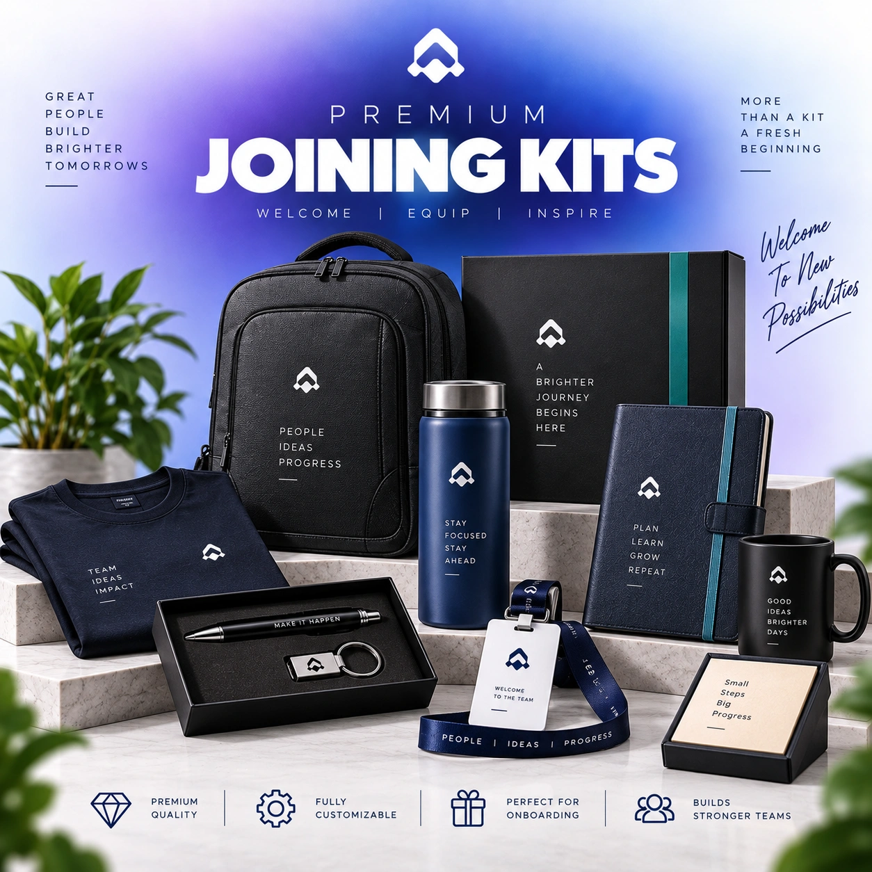 Coordinated branded products arranged as an employee joining kit