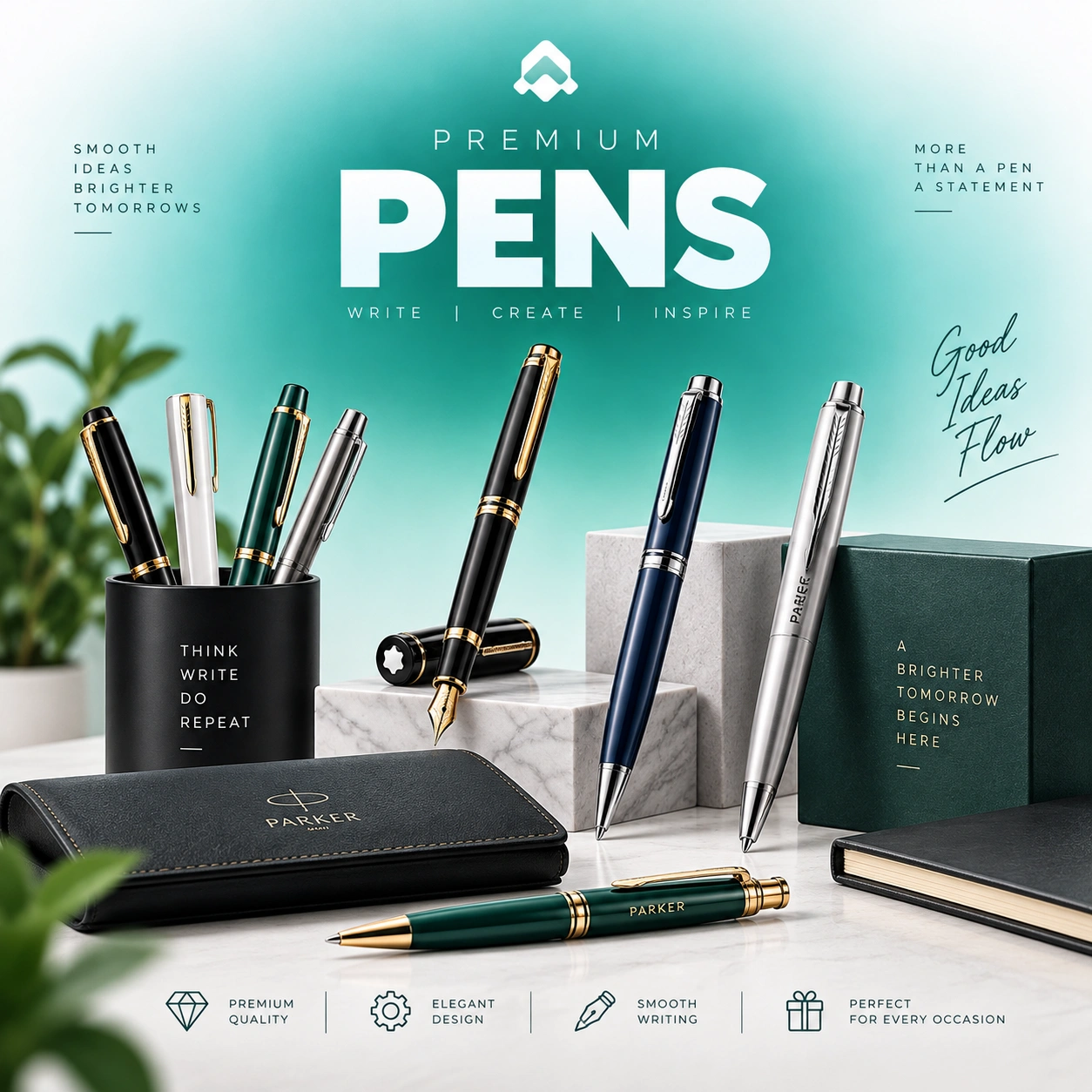 Branded corporate pens arranged for everyday business use
