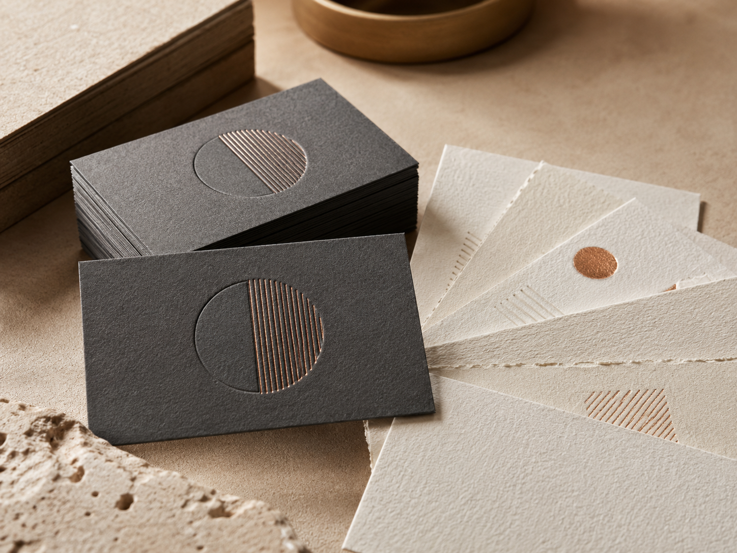 Close-up of premium printed business cards and paper stocks